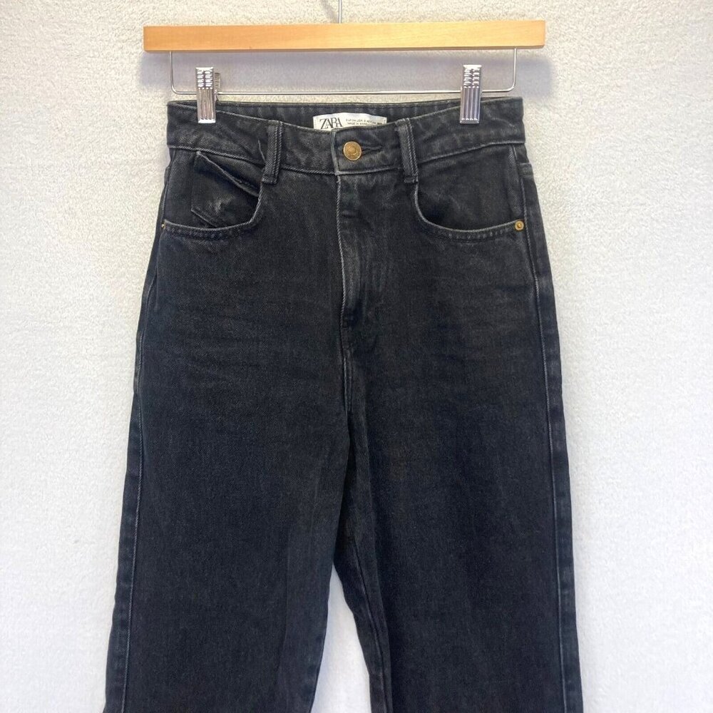 ZARA Raw Hem Jeans Size 2 Black Denim High Waist Straight Leg 27.5" Inseam Punk - Picture 5 of 14